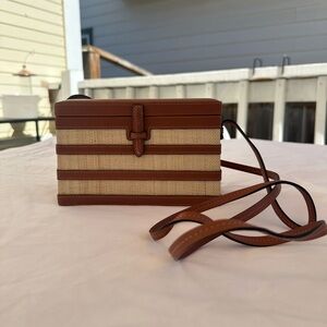 Hunting Season brown leather and raffia retro clutch